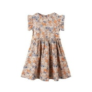 Girl Dresses Little Girls Dress Casual Flutter Sleeve Swing Toddler Baby Sundress Kids Birthday Party Dresses (Beige,3-4 Years)